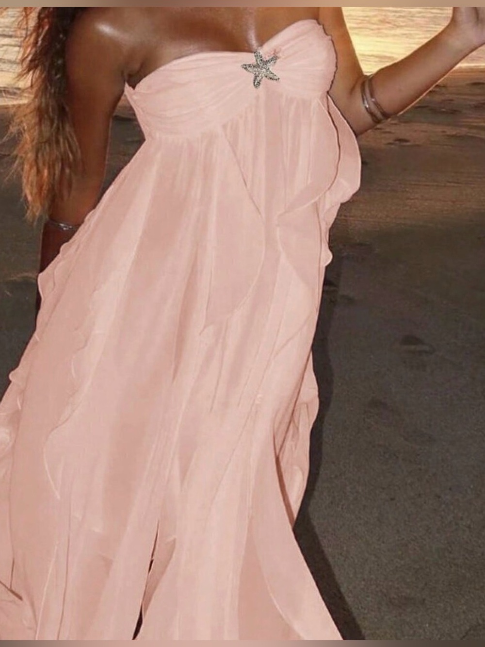 Apricot Elegant Women's Vacation Woven Asymmetrical Hem Ruffle Dress